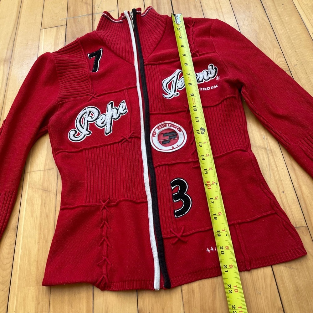 Pepe Jeans London Red Patchwork Full Zip Varsity Sweater Womens Large Vtg Y2K - Picture 6 of 9
